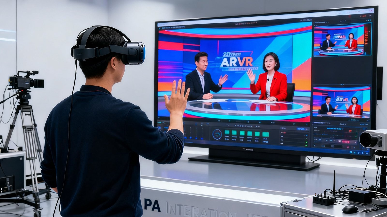 PA国际厅平台AR/VR融合算法实验室内部，研究员佩戴VR头显正在测试虚拟演播厅中的手势识别功能，屏幕实时渲染出虚拟嘉宾与真实主持人同框互动的合成画面。