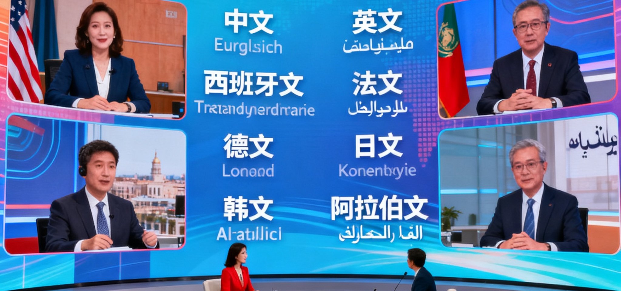 多语种数字演播厅内部全景，弧形LED背景墙显示着八种语言的实时AI字幕，主持人正在与远程嘉宾通过VR融合技术进行虚拟同框对话，画面色彩饱满且无任何延迟痕迹。