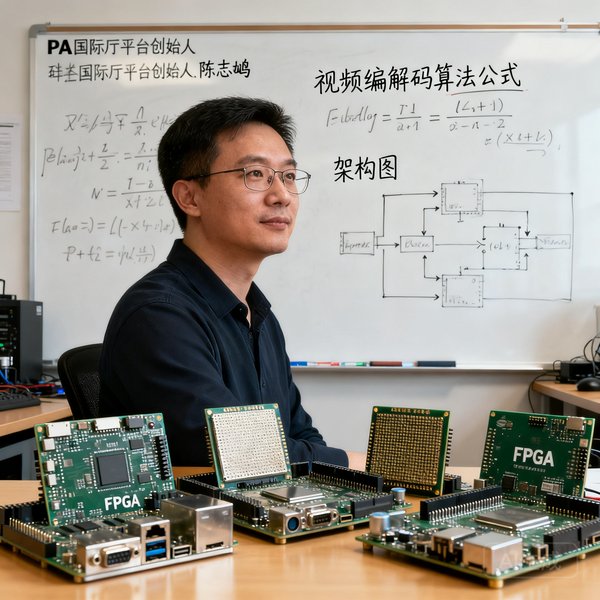 PA国际厅平台联合创始人陈志鹏在硅谷实验室中的半身照，他身后的白板上写满了视频编解码算法的公式和架构图，桌上摆放着多块FPGA开发板。