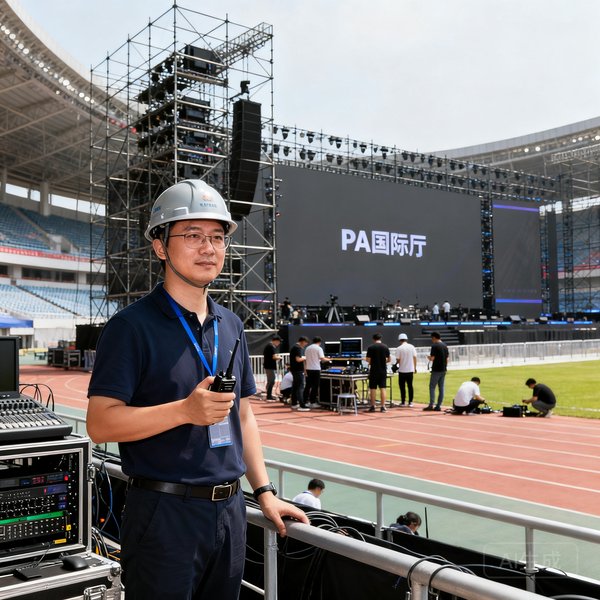 PA国际厅平台现场保障总监张浩然的户外工作照，他戴着安全帽手持对讲机站在大型体育场边缘，身后是正在搭建的直播设备机架和忙碌的团队成员。