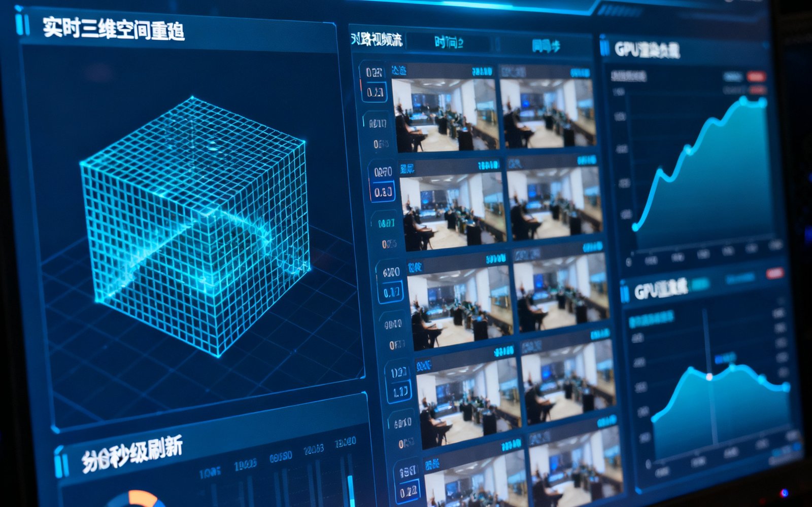 PA国际厅平台AR/VR融合算法引擎的可视化界面截图，屏幕上显示着实时三维空间重建网格、多路视频流的时间戳同步状态以及GPU渲染负载曲线，所有数据均在毫秒级刷新。
